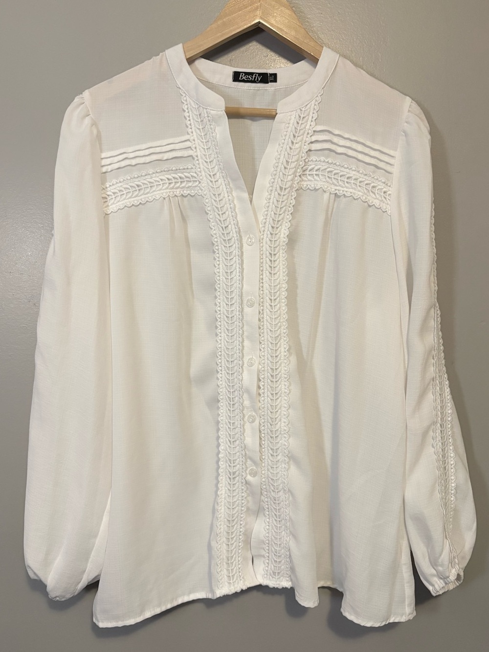 White Lace-Trim Button-Front Blouse